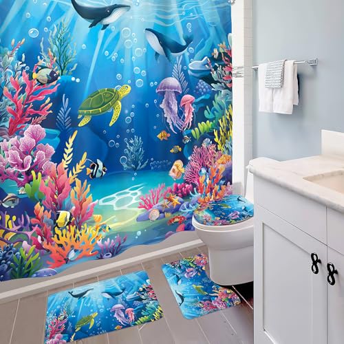 4 PCS Ocean Beach Shower Curtain Set 72Wx72H Sea Whale Turtle Nautical Bathroom Set Non-Slip Bath Rug Toilet Lid Cover U Shape Mat Complete Bathtub Accessories with 12 Hooks Bathroom Decor - color: C 01ocean, size: 72"W x 72"L (Pack of 4)