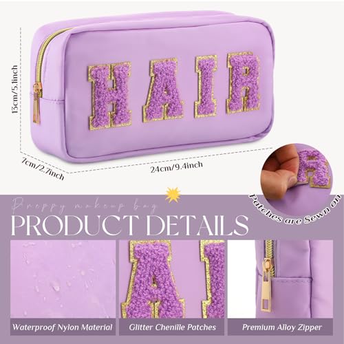 Preppy Makeup Bags Chenille Letter Stuff Bag Nylon Cosmetic Pouch Cases with Zipper for Women Travel Toiletry(Purple Set,Classic,4 Pcs) - color: Purple Set, size: Classic