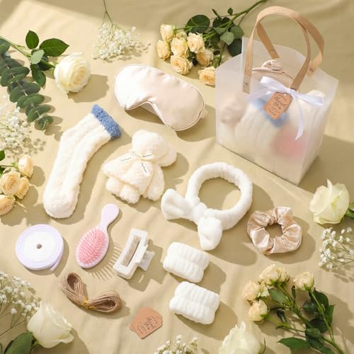 6 Set Spa Gifts Bulk for Women, Sleepover Party Favors Supplies for Bridesmaid Bridal Shower Wedding Guests Baby Shower Birthday Gift with Towels Socks Hair Tie Clip Eye Masks(White) - color: White