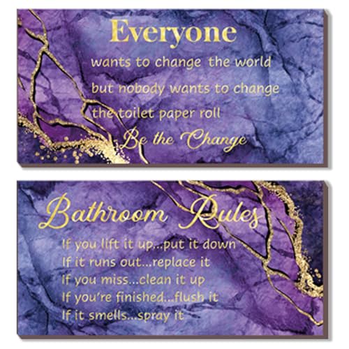 DONFENTHY 2 Pieces Purple Gold Bathroom Decor Bathroom Rules Wall Art Rustic Farmhouse Wooden Sign for Bathroom Toilet (Purple Gold 12x6") - color: Purple