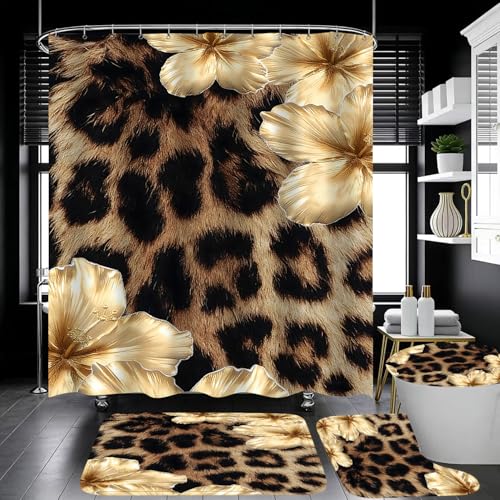 4 Piece Brown Leopard Shower Curtain Set with Rugs, Luxury Golden Floral Art, Exotic Animal Print Fabric Bathroom Decor, Non-Slip Mats & Toilet Lid Cover - color: Gold Floral