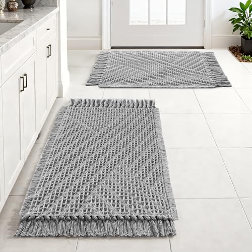 H.VERSAILTEX Waffle Bath Mat Super Absorbent Boho Bath Mat Non Slip Bath Rugs for Bathroom Floor Machine Washable Dry Fast Bathroom Rugs with Tassels (20 x 32 Plus 17 x 24 Inches, Dove) - color: Dove, size: 20" x 32" Plus 17" x 24"