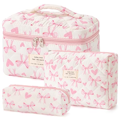 HBselect Quilted Makeup Bag, 3PCS Cotton Large Travel Makeup Bag, Cute Floral Coquette Make up Bag Cosmetic Bag Toiletry Bag for Women Girls - color: A-3PCS-Floral 13