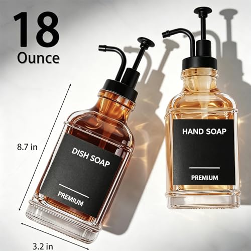 Dish Soap Dispenser for Kitchen, Hand Glass Soap Dispenser Set with Pump, Funnel for Bathroom, Shower, Laundry, Liquid, Lotion (Black 2 Pack 18 Oz Clear Bottles with 12 Stickers) - color: Black Square, size: 18Oz