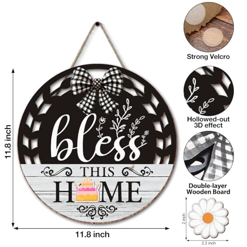 Interchangeable Seasonal Bless This Home Hanging Sign - Farmhouse Front Door Decoration for Spring All Seasons Holidays - Rustic Round Wood Wreaths with 12 Icons(White) - color: blesswhite2