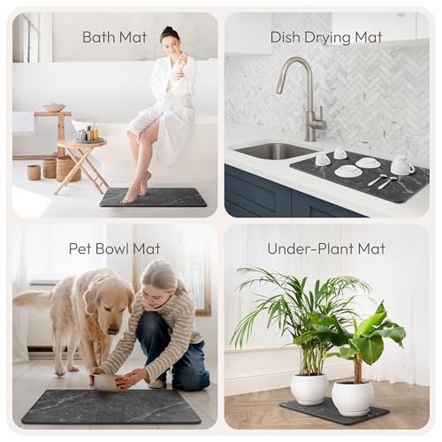 Stone Bath Mats for Bathroom - Diatomaceous Earth Bath Mat, Quick-Dry Bath Stone Mat & Large/Small Stone Shower Mat, Anti-Slip 100% Natural Stone Bathmat, 2 Stone Mats (Black Marble) - color: Black Marble