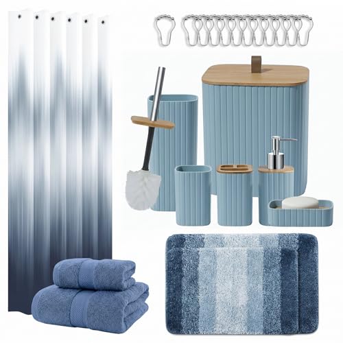 Bathroom Accessories Set - Bathroom Set with Shower Curtain and No Slip Rugs, Trash Can, Toilet Brush Holder Set, Soap Dispenser & Bath Towels - Stylish Bath Decor for Home, Apartment, Blue, 25PCS - color: Blue