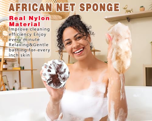 2 Pack African Net Sponge Exfoliating Body Scrubber Bath Sponge for Daily Use (Dark Brown+Light Brown) - color: Dark Brown+light Brown