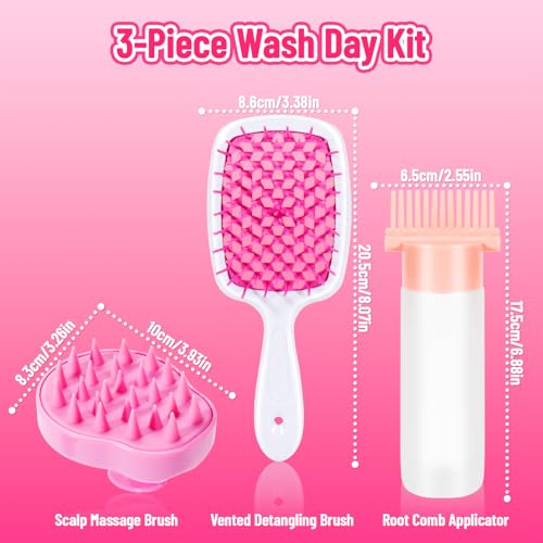 SIMPOR Hair Oil Applicator and Scalp Massager, 3 Pcs Wash Day Kit with Detangling Brush and Root Comb Applicator Bottle for Scalp Care, Deep Cleaning and Hair Dye