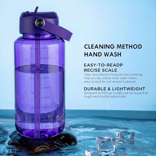 OLDLEY 32oz Water Bottle with Straw,Leakproof Tritan Clear Bottle with Marked Bottle and Carry Handle, BPA-Free Wide Mouth Reusable Sports Water Bottle for Gym,Hiking, Camping, Travel, Workout,Purple - color: Purple