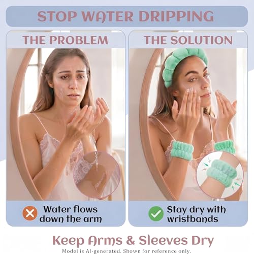 Headband for Washing Face and Wristband Set, Green | Soft absorbent fabric, snug head-hugging fit for face washing, skincare, makeup, masks, travel, women and teen girls - color: Green