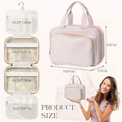 Huhumy Hanging Toiletry Bag for Women with Detachable Pouch, Travel Toiletry Bag, Travel Size Toiletries, Cosmetic Bags, Seersucker Makeup Bags Gifts for Her Mom Girlfriend Wife Teacher(Khaki) - color: Khaki