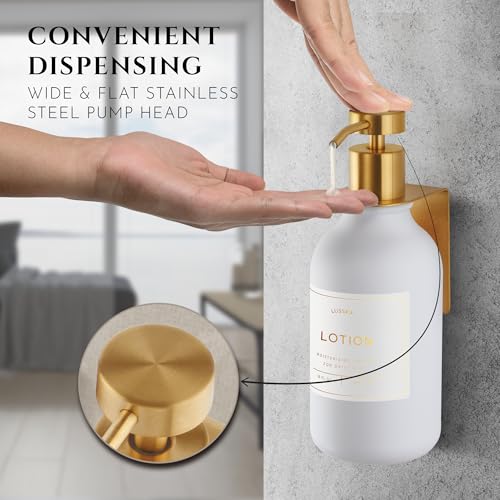 Shower Shampoo Dispenser Wall Mounted – 3 Refillable 16.9 oz White Bottles with Stainless Steel Pumps & No-Drill Adhesive Holders – Soap Dispenser Set for Bathroom (3 X White/Gold) - color: 3 X White/Gold
