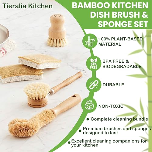 Tieralia Bamboo Dish Brush Gift Set – 5-Piece Kitchen Cleaning Set with Bottle Brush, Round Scrub Brush, Palm Brush & 2 Plant-Based Sponges | Wooden Handle Cleaning Tools for Dishes & Surfaces
