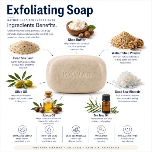 KAWAR Dead Sea Exfoliating Soap with Salicylic Acid, Body Bar, 2-Pack | Salicylic Acid, Magnesium Chloride, Shea Butter & Tea Tree Oil - No Fragrance, Vegan Exfoliating Body Bar for Men & Women