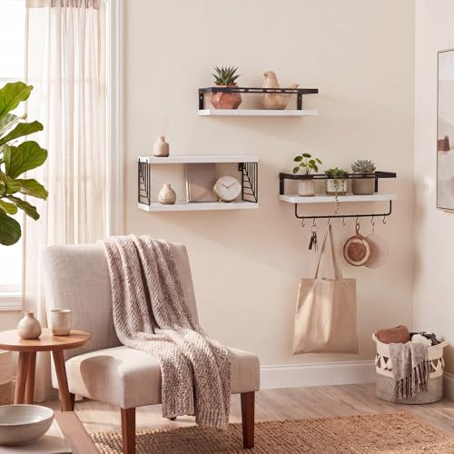 Fixwal Wall Mounted Bathroom Shelves Over Toilet, Rustic Wood Floating Shelves with Metal Frame and Towel Bar for Bathroom, Kitchen, Bedroom, Living Room (3 Plus 1 White) - color: 4-white