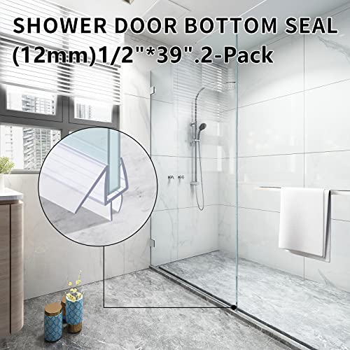 Shower Door Bottom Seal with Sweep 2Pack, 39"(990mm) Length PVC Clear Strips for 1/2"(10mm) Thick Frameless Glass Door, to Stop Water Leaking - size: 1/2"(12mm), 2-Pack, 39" Long