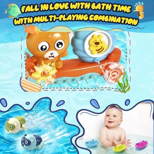 Baby Bath Toys Toddlers 1-3 Bear Kids Bath Tub Toys with 2 Turtle Swimming Wind up Water Toys & 3 Floating Boat Bathtub Toys for Infants Boys Girls 18+ Months Gifts Box Set - style: Turtles and bear