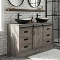 48 inch Barn Door Bathroom Vanity with 6 Drawers, Farmhouse Style Standing Pedestal Cabinet with Two Black and White Ceramic Boat Sink - color: Black and White Ceramic Boat Sink, size: 48"
