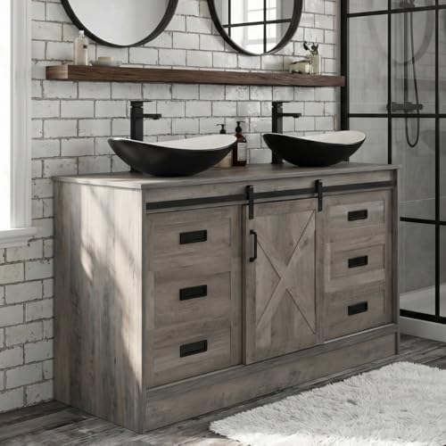 48 inch Barn Door Bathroom Vanity with 6 Drawers, Farmhouse Style Standing Pedestal Cabinet with Two Black and White Ceramic Boat Sink - color: Black and White Ceramic Boat Sink, size: 48"