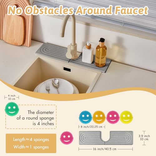Diatomite Sink Faucet Splash Guard U Shape, 16" Large Stone Sink Tray, Mordern Faucet Handle Drip Catcher Stone, Durable Faucet Draining Mat Protector for Kitchen Bathroom Island Counter, Light Grey - size: 16" x 3.9"