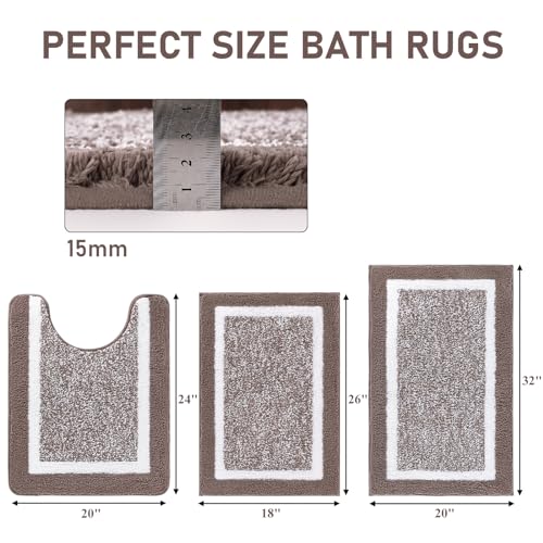 Pauwer Bathroom Rug Set - 3 Piece Shower Mats with U-Shaped Contour Toilet Mat, Absorbent Microfiber Plush Bath Mats, Non Slip, Machine Washable Shaggy Floor Mats - color: Coffee, size: 18"x26"+20"x32"+U Shape 20"x24"
