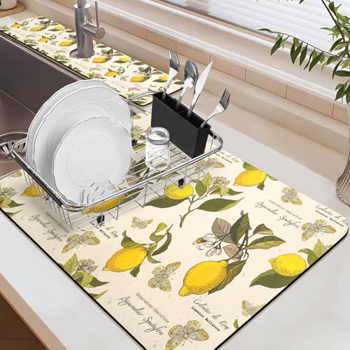 24.5" x 15.5" Dish Drying Mat & 24" x 5.5" Sink Splash Guard, Super Absorbent Drainer Rack Mat for Kitchen Counter Coffee Bar - color: Yellow, size: 23.5"*15.5*+24"*5.5"