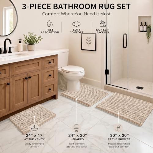 Yimobra Bathroom Rug Set 3 Piece - Super Absorbent Quick Dry Chenille Bath Mats & Toilet Rug, Non Slip Machine Washable, Extra Thick Shaggy Floor Mat for Shower Tub Sink, Light Brown - color: Light Brown, size: 24"x17" + 24"x20" + 30"x20"