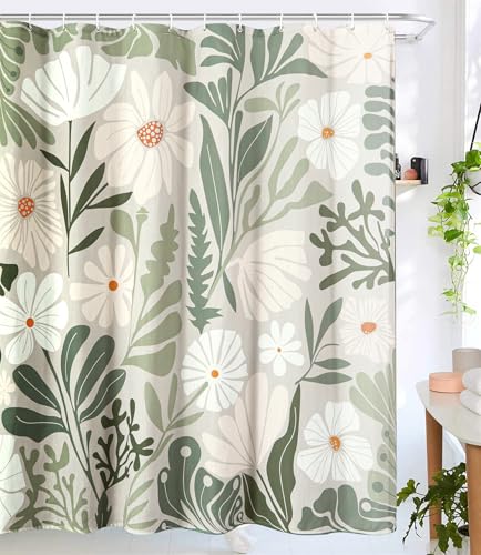 RoomTalks Cute Green Faux Linen Shower Curtain for Aesthetic Bathroom Decor - 210GSM Heavy Duty Modern Floral Matisse Spring Summer Flowers Plants Botanical Shower Curtain Set with Hooks - color: Green, size: 72"W x 72"L (Pack of 1)