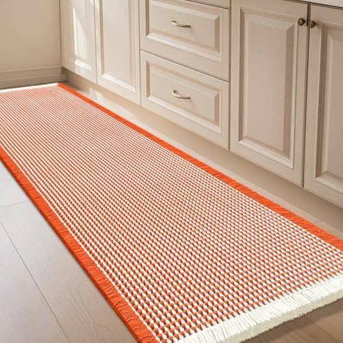 IM HOME Waffle Bath Mat Orange & Cream 5'x2', Boho Woven Modern Bath Mat Rugs, Absorbent Non Slip Bathroom Rugs, Soft Washable Bath Rugs with Tassels for Bathroom, Bedroom, Kitchen, Shower, Tub - color: Orange & Cream, size: 2' x 5' (Runner)