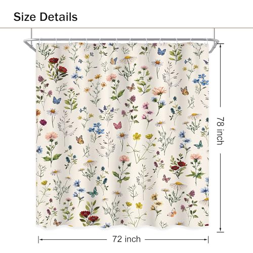 Vintage Floral Shower Curtain 72Wx78H Inch Long Rustic Spring Wildflower Botanical Flower Pretty Cute Herbs Butterfly Bathroom Set Elegant Aesthetic Bath Curtain Bathtub Accessories Home Decor - color: D 01 Beige, size: 72"W x 78"L (Pack of 1)