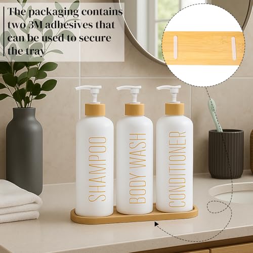 3-Pack 16oz Refillable Glass Shower Dispenser Set with Bamboo Pump, Tray, and Funnel for Shampoo, Conditioner, and Body Wash – Perfect for Bathroom and Guest Rooms (White)