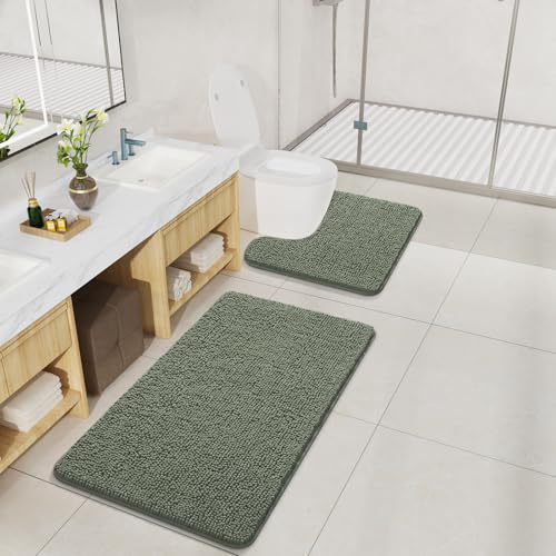 LOCHAS Bathroom Rugs Sets 2 Piece, Soft Non Slip Bath Mat Set, 20''x20'' U-Shaped Toilet Rug and 34''x21'' Sage Green Bath Rugs, Washable Absorbent Chenille Toilet Rug Set for Bathroom, Shower - color: Sage Green