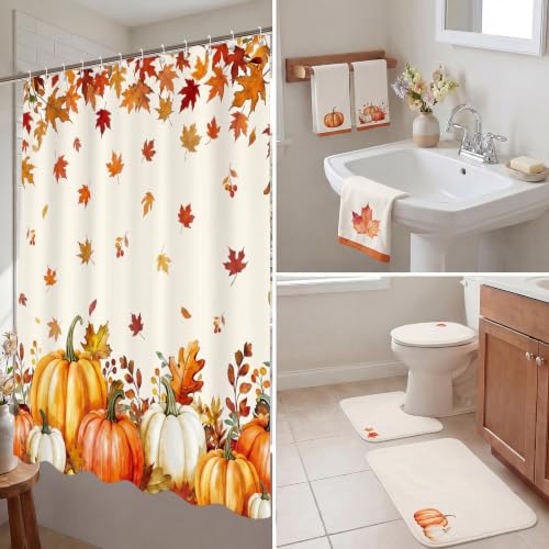 Haull 7 Pcs Fall Pumpkin Shower Curtain Set for Bathroom Autumn Leaves Non Slip Rug Toilet Lid Cover Bath Mat Towels with 12 Hooks Fall Waterproof Shower Curtain for Bathroom Autumn Thanksgiving Decor - style: Fall Pumpkin