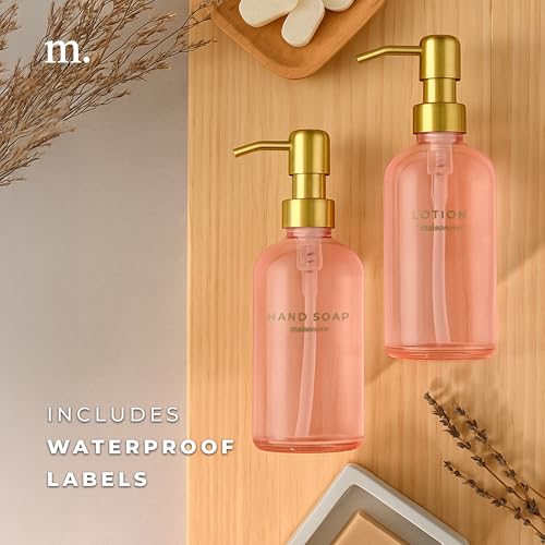 MaisoNovo Soap Dispenser 2-Piece Set | 16.9oz Pink Bottles with Gold Stainless Steel Pump Core - color: Pink/Gold