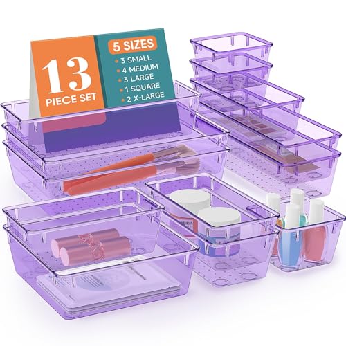 StorMiracle 13 PCS Drawer Organizer Set, 5 Varied Size Bathroom and kitchen Drawer cabinet organizer Trays, Clear Storage Bins for Makeup, Jewelry, Utensils and Gadgets, Purple - color: Purple, size: 13 PCS