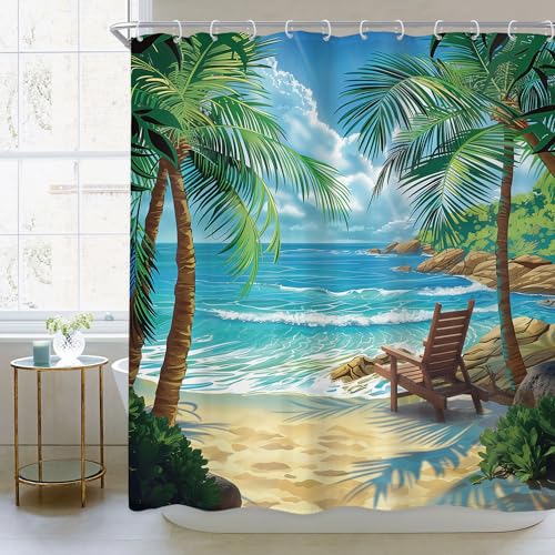 Newsely Ocean Shower Curtain 60Wx72L Inch Beach Tropical Palm Tree Hawaiian Summer Coastal Nautical Scenery Sea Wave Plant Bathroom Set Botanical Waterproof Bath Decoration Accessories Home Decor - color: B-02beach, size: 60"W x 72"L (Pack of 1)