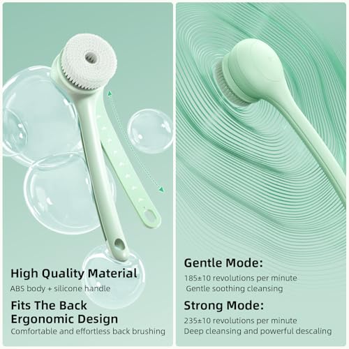 Electric Body Brush Back Scrubber for Shower, Waterproof Long Dual Handle Body Scrubber with 3 Heads, Bath Brush & 2 Speeds, for Cleansing, Exfoliating and Massaging Skin, Pale Cypress Green