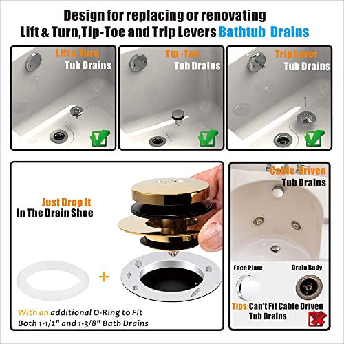 Artiwell Universal Tip Toe Bath Drain Stopper and Cover, Bathtub Drain Stopper, Replaces Lift and Turn, Tip-Toe and Trip Lever drains for Tub, EZ Installation and Clearing (Polished Brass) - color: Polished Brass