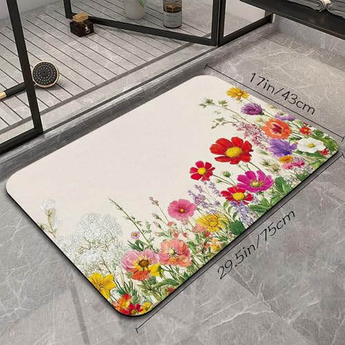 Wildflowers Plants Bathroom Rug, Rapid Dry Absorbent with Non-Slip Rubber Base Bath Mats for Bathroom 17"x30" - color: Wildflowers Plants