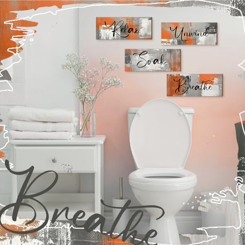Maitys 4 Pcs Orange Bathroom Wall Decor 10 x 4 Inch Fall Bathroom Wall Art Contemporary Wood Restroom Picture for Thanksgiving Day Soak Unwind Relax Hanging Sign Spa Rustic Vintage Farmhouse Pediment - color: Orange