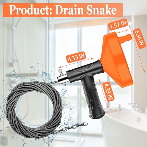 33 Feet Drain Snake Auger, Plumbing Snake Drain Hair Clog Removal Tool, Sink Unclogger Drain, Heavy Duty Drum Auger, Cleaner Tool for Bathroom Kitchen Tub Shower Drain Clog Remover with Gloves，Orange