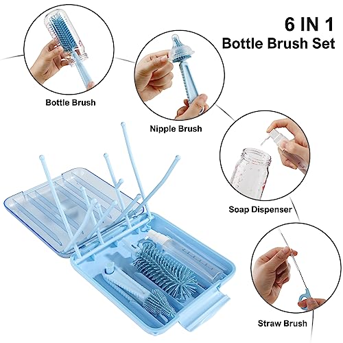 Bottle Brush Set -Baby Travel Essential-6 in 1 Bottle Cleaner Kit with Silicone Bottle Brush,Nipple Cleaner Brush,Straw Brush,Soap Dispenser,Storage Box,Bottle Drying Rack for Home and Travel(Blue) - color: Blue