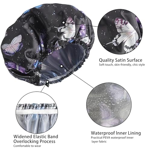 Shower Cap for Women,4 PCS Elastic and Reusable Bath Caps, Double Layers Shower Caps Reusable Waterproof, Bathing Shower Caps, Environmental Bath Hair Protection Cap - Butterfly B - color: Butterfly B