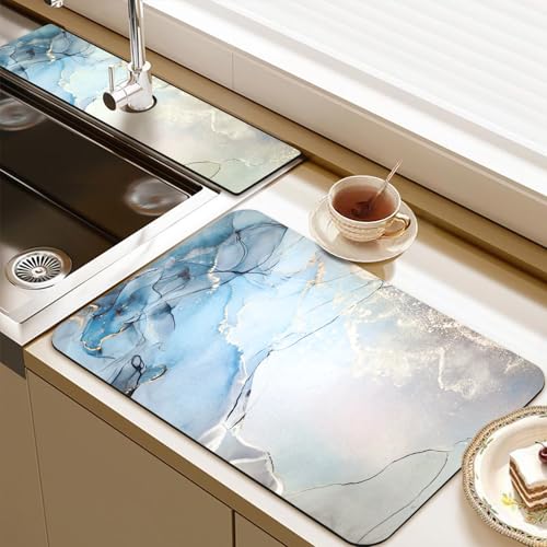 24.5" x 15.5" Dish Drying Mat & 24" x 5.5" Sink Splash Guard, Super Absorbent Drainer Rack Mat for Kitchen Counter Coffee Bar - color: Blue, size: 23.5"*15.5*+24"*5.5"