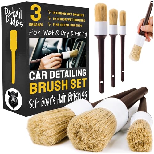 Car Detailing Brush Set 3-Pack, Interior and Exterior, Detail Dudes | Scratch-Free Boars Hair - Exterior & Interior Cleaning Brushes - Safe for Leather, Piano Black Trim, Dashboards & Wheels - size: 3 Pack(Starter)