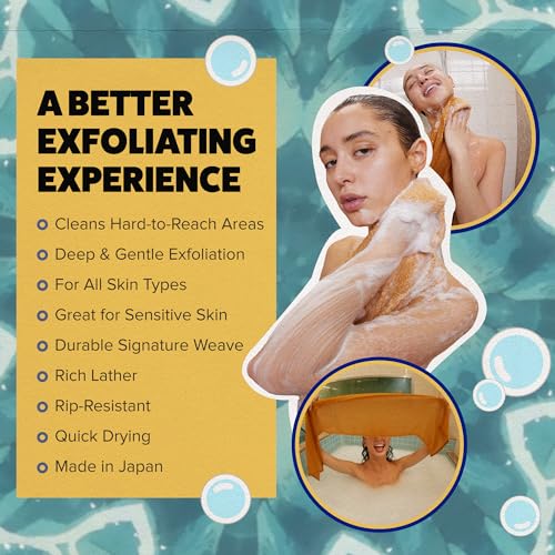 GOSHI Exfoliating Shower Towel - Long Body Scrubber for Back Acne, KP & Smooth Skin - Durable Rip-Resistant Weave, Quick-Dry Nylon Washcloth - Ethically Crafted in Gunma, Japan - Orange - color: Yellow