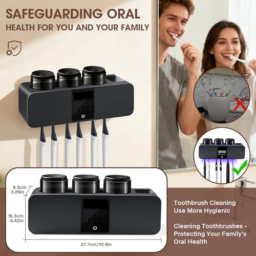 LXIANGN 3 in 1 Toothbrush Cleaner Holders for Bathrooms,Wall Mounted Toothbrush Holders with Drying and Cleaning,Smart LED Screen,6 Toothbrush Slots,3 Cups and Toothpaste Dispenser (Deep Grey) - color: Deep Grey