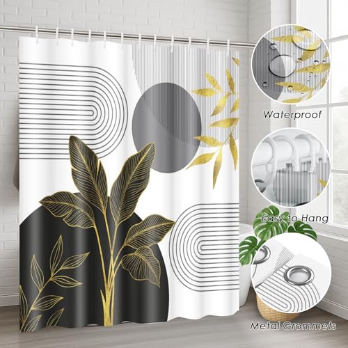 Boho Grey and Gold Shower Curtain Set with Toilet Lid Cover and Non-Slip Rugs, Mid Century Modern Abstract Minimalist Leaves Neutral 4 Pcs Shower Curtain for Bathroom Set with 12 Hooks - color: Retro Grey Gold