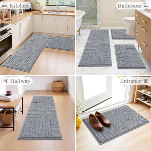 Vaukki Bathroom Rugs Sets 3 Piece, Light Grey Washable Non Slip Soft Bath Mats for Shower and Tub, Plush Absorbent Microfiber Toilet Rug U Shaped, 48x20+26x18+24x20 Inch - color: Light Grey, size: 18''x26''+20''x48''+20''x24''